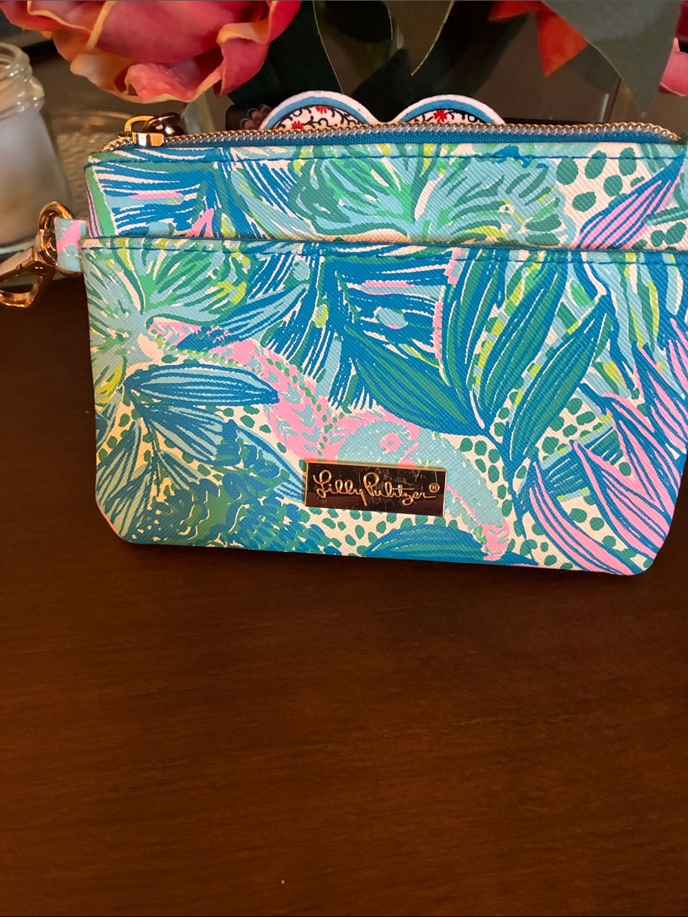 Lilly Pulitzer Tropical Leaf Print Cosmetic Wristlet in Blue, Green & Pink